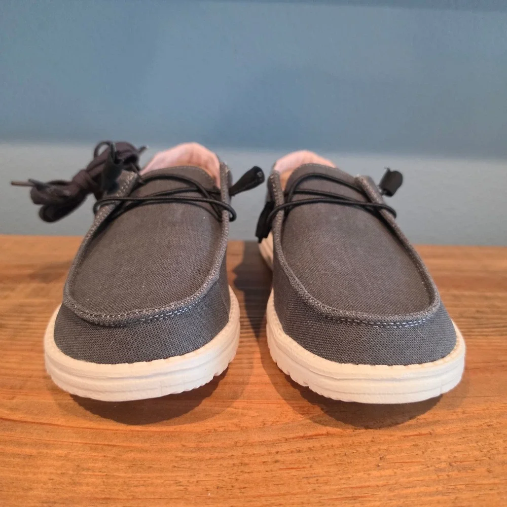 Hey Dude Womens Wendy Chambray Loafers Grey Canvas Slip On Casual Shoes Size 10 - Picture 2 of 12